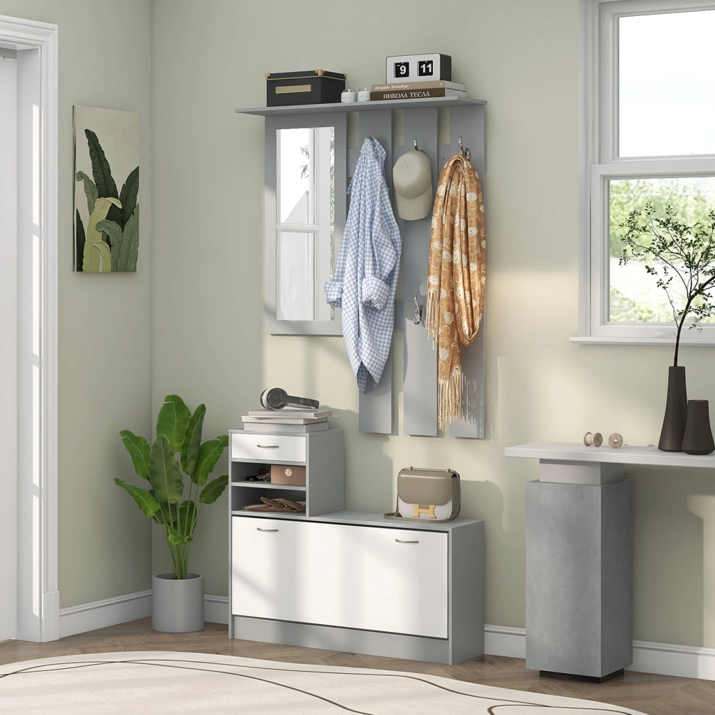 Appendiabiti con specchio e scarpiera ¨C zephmum ¨C 2 pezzi, grigio, con ganci e cassetto
