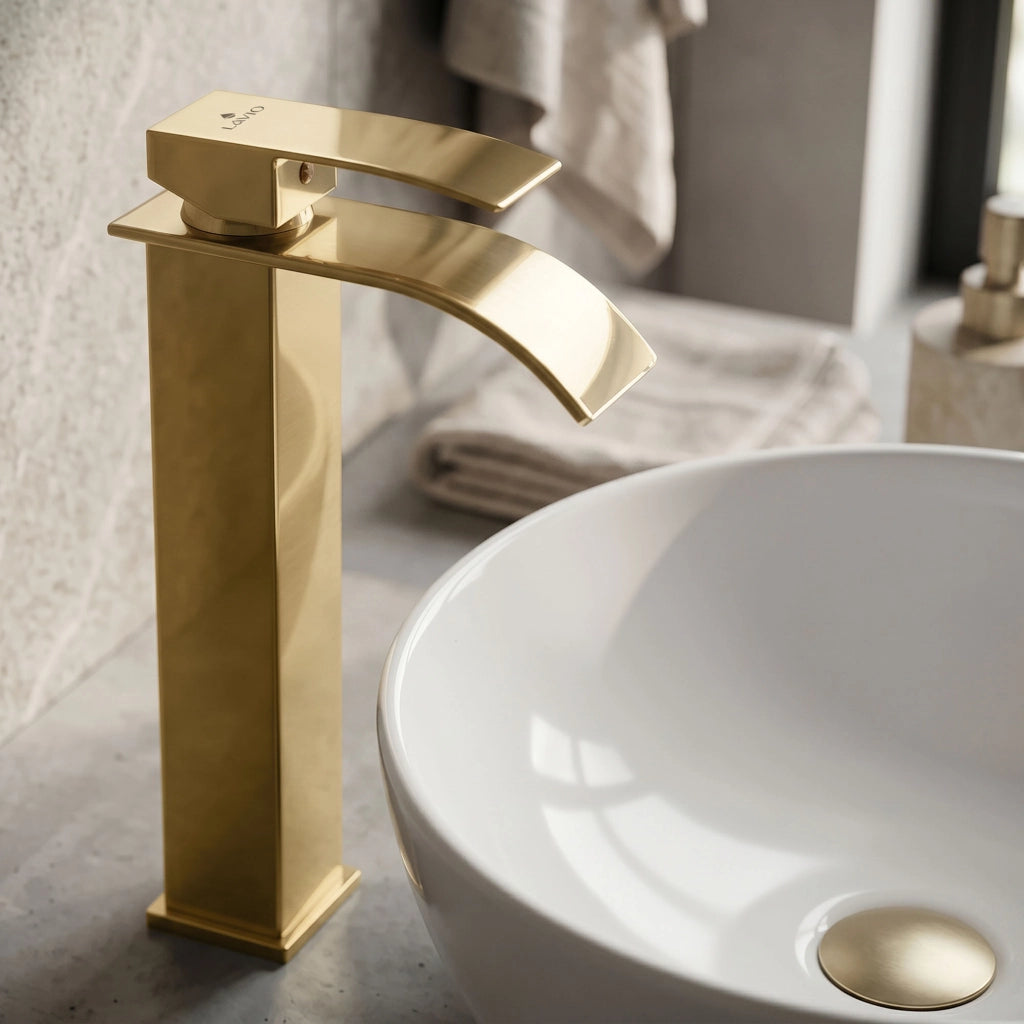 Rubinetto lavabo alto a cascata oro da appoggio miscelatore bagno EVIO
