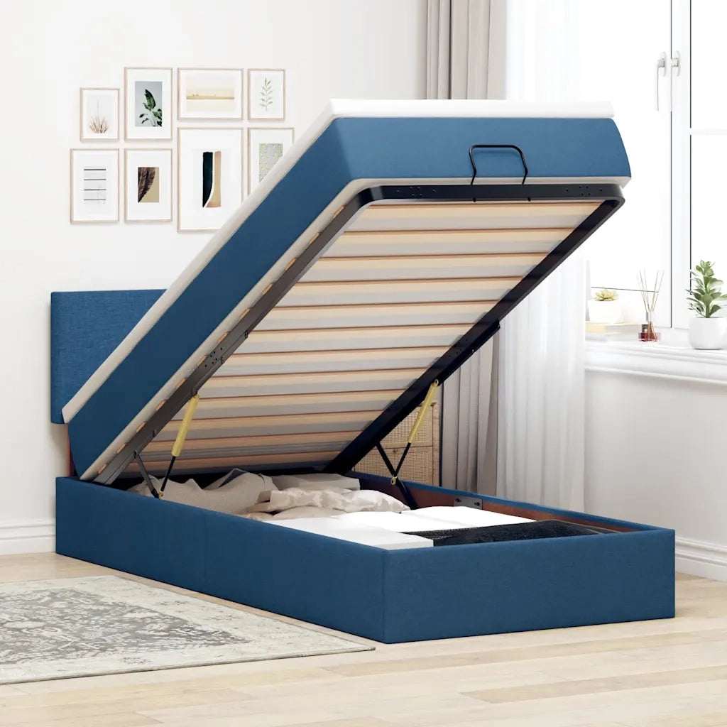 Pouf Letto con Materasso e LED Blu 90x200 cm in Tessuto