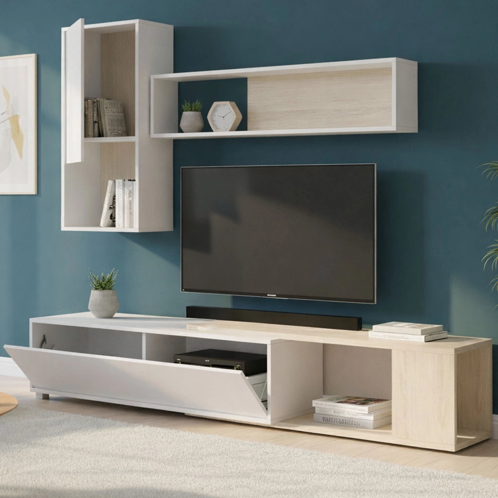 Parete attrezzata Fortuna, Set da soggiorno modulare ad angolo, Mobile salotto multiposizione, 230x41h180 cm, Bianco e Rovere