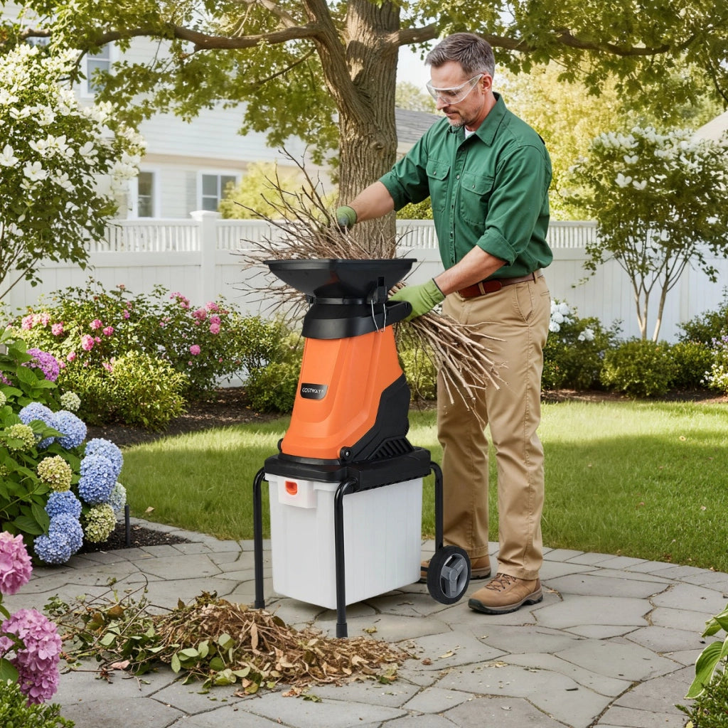 Trituratore elettrico per legno tritatutto da giardino da 3000 w con cestino da 50 l, Trituratore mulching elettrico a fili Arancione