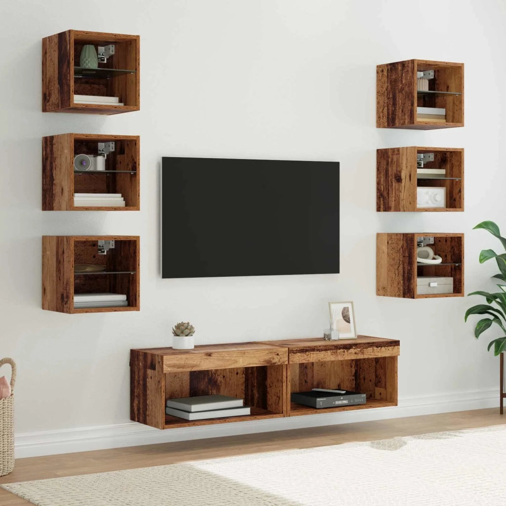 Mobile TV con luci a strisce a LED 8 pz-Credenza TV-Console TV Legno vecchio Vetro