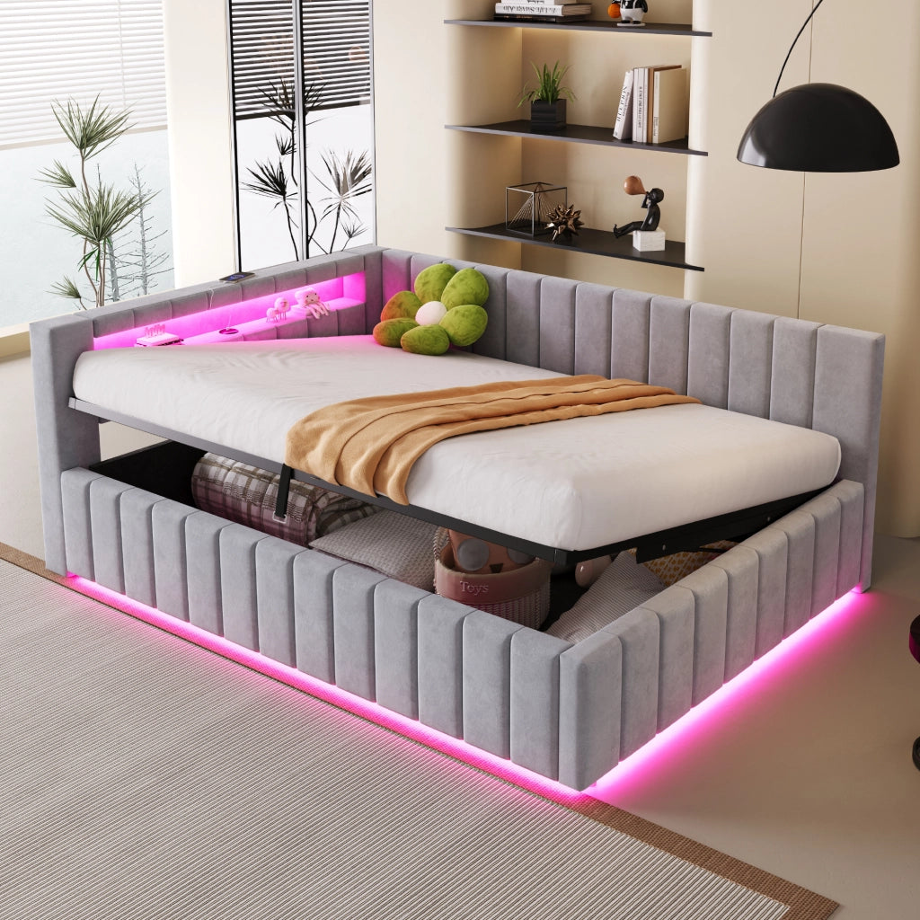 LETTO imbottito 140x200 cm Grigio in velluto con contenitore, LED e USB
