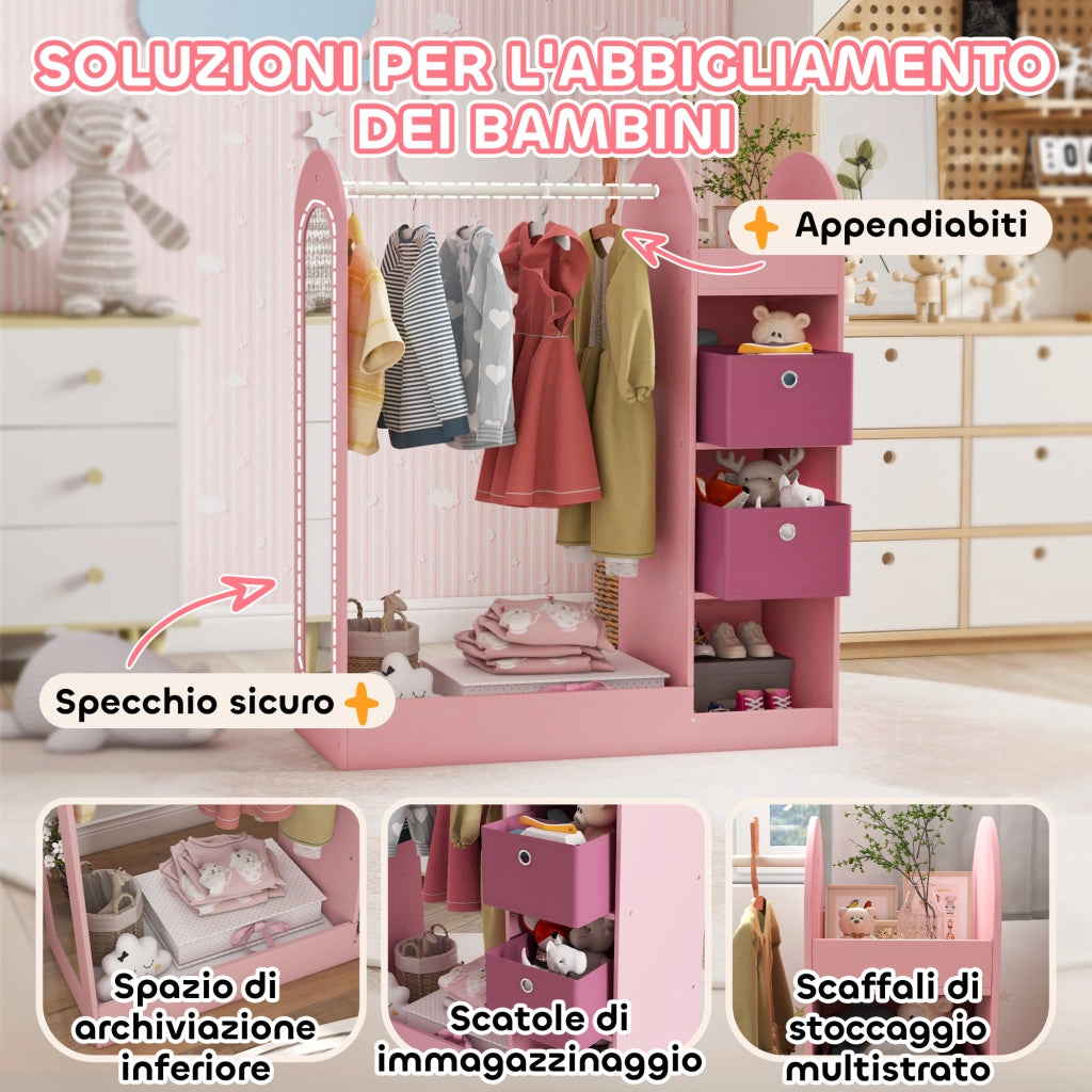 Armadio Bambini con Appendiabiti, Ripiani e Specchio ¨C Minimal ¨C Legno, Rosa