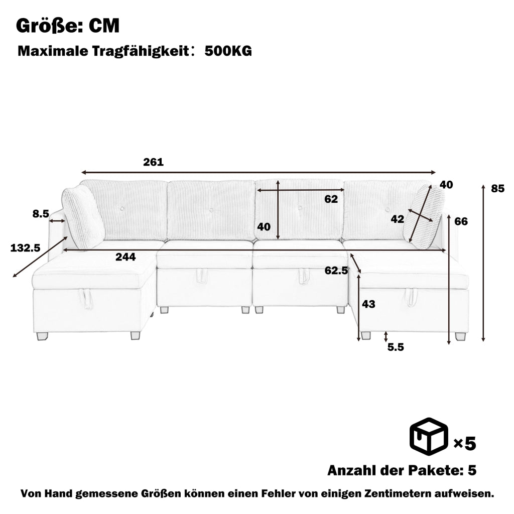 DIVANO modulare a U 261x132,5 cm velluto e corda grigio antico