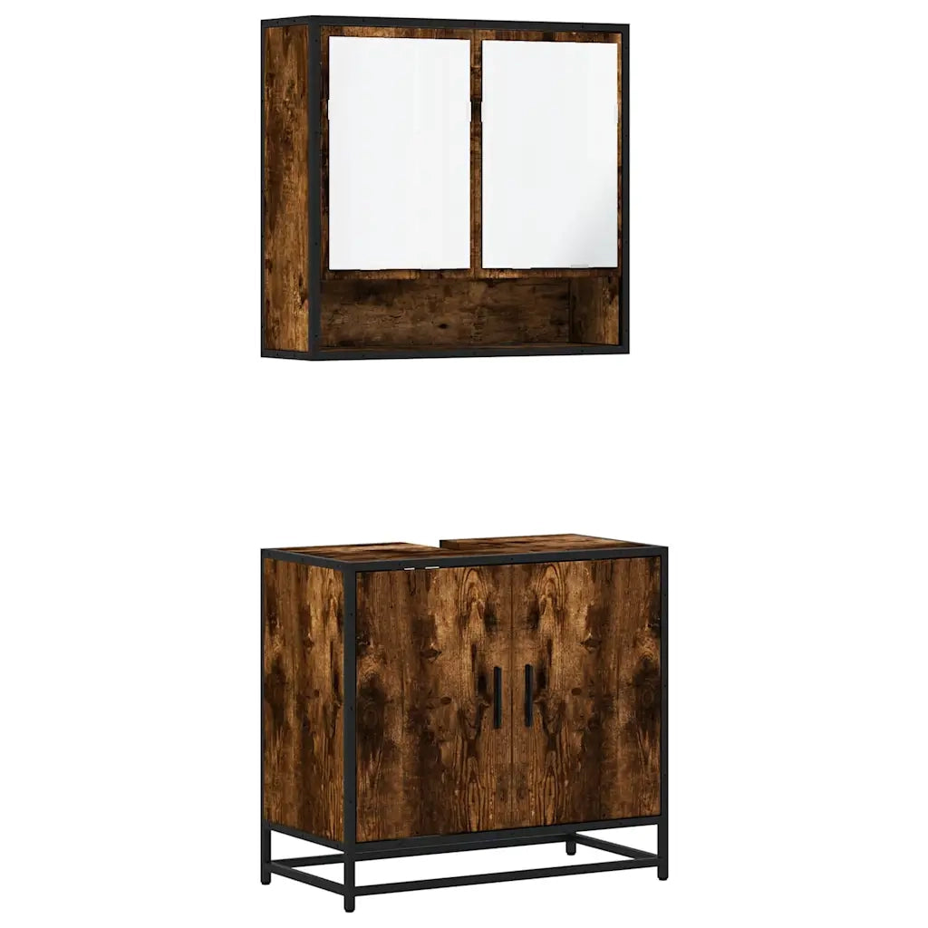 Set Mobili da Bagno | Armadio da bagno 2 pz Rovere Fumo in Legno Multistrato
