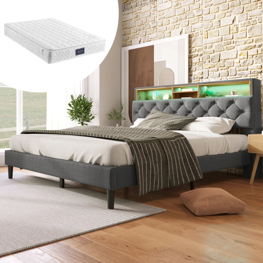 LETTO imbottito 140x200 cm grigio con testiera contenitore e LED