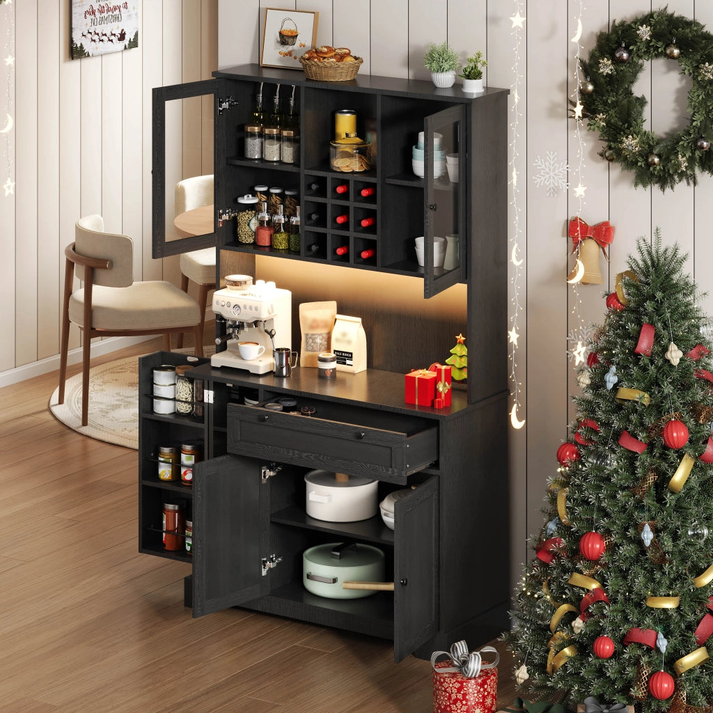 Credenza da Cucina Alta con 5 Ante e 1 Cassetto; LED e Prese; Ripiani Regolabili; in MDF; 105x40x180 cm; Nero