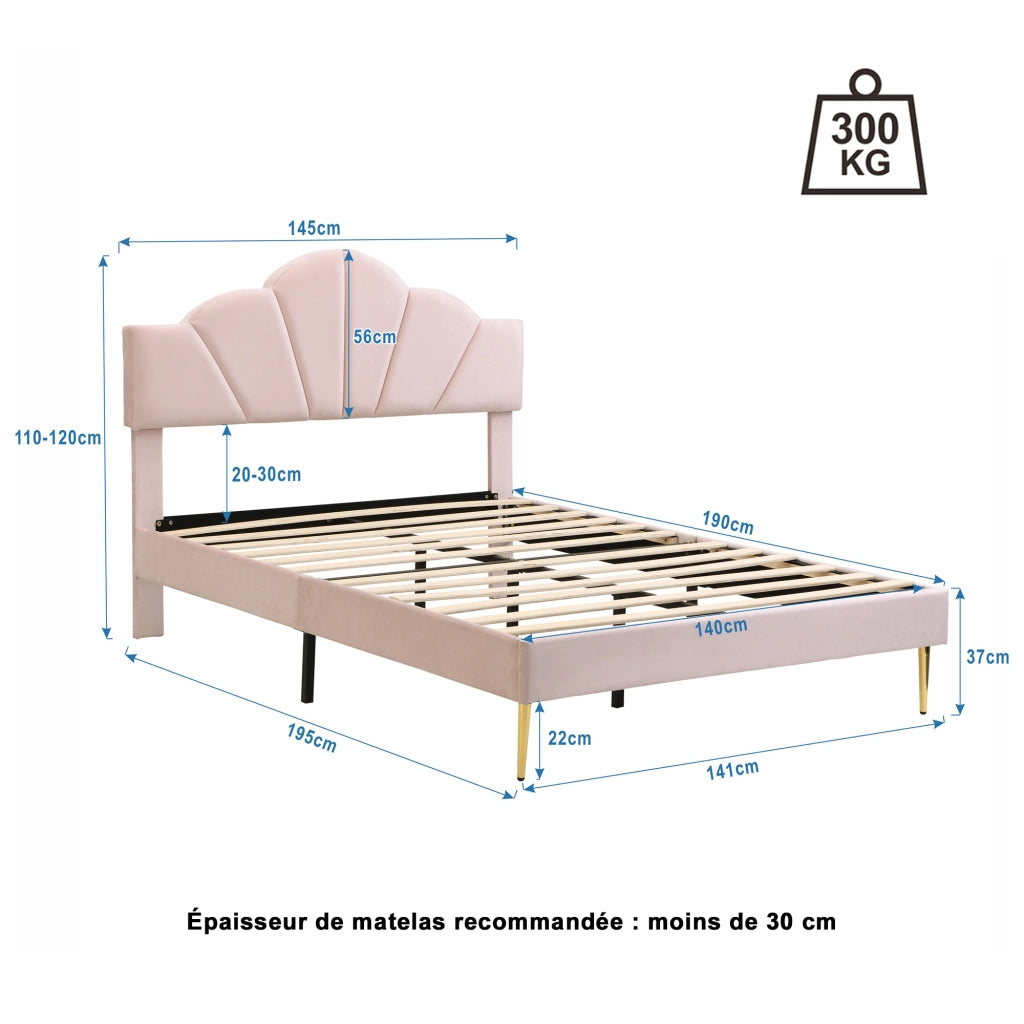 LETTO Imbottito 140x190 cm Velluto Rosa con testiera regolabile