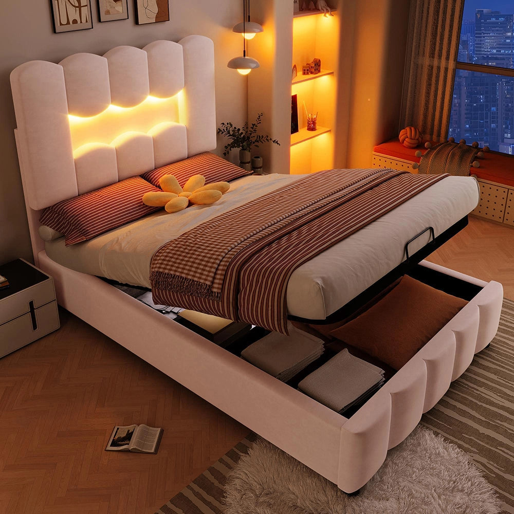 Letto 90x200cm?- Xylo - idraulico LED velluto rosa
