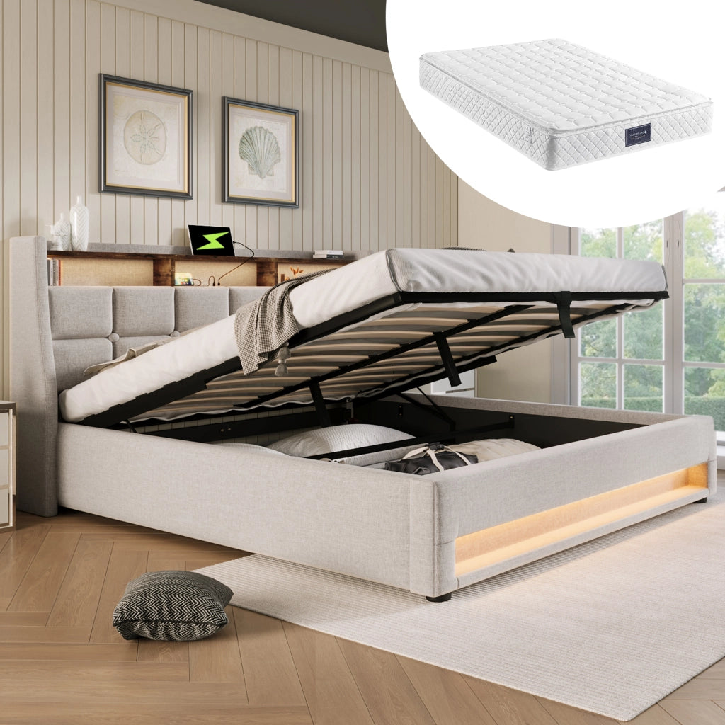 LETTO Imbottito 140x200 cm Beige con USB, LED e rete sollevabile