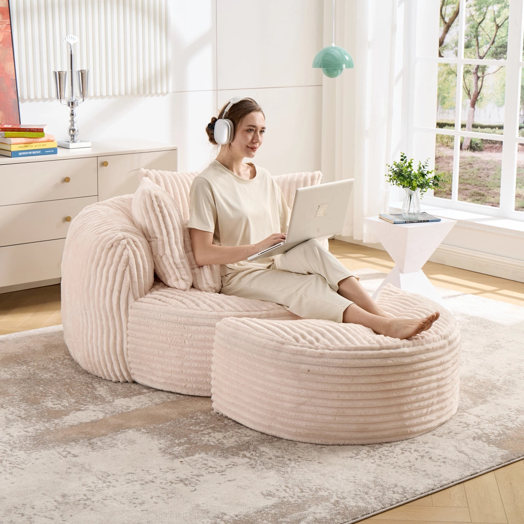 Poltrona da lettura rotonda in tessuto beige con 5 cuscini e pouf per soggiorno e camera da letto