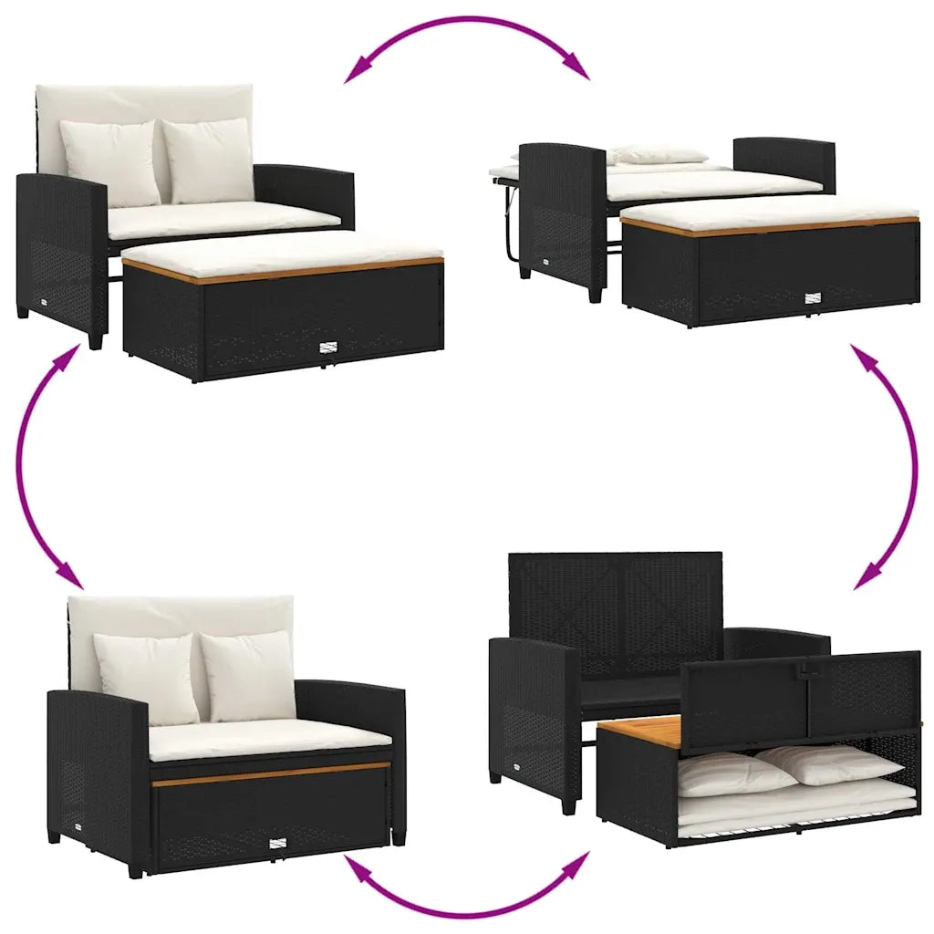 Divano Giardino con Cuscini 2 Posti-Sofa da Giardino-Divanetto da esterno Nero Polyrattan e Acacia