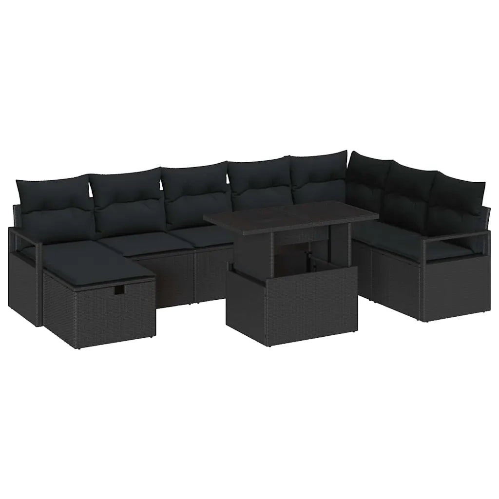 Set Divano da Giardino con cuscino 9 pcs Nero Poly Rattan