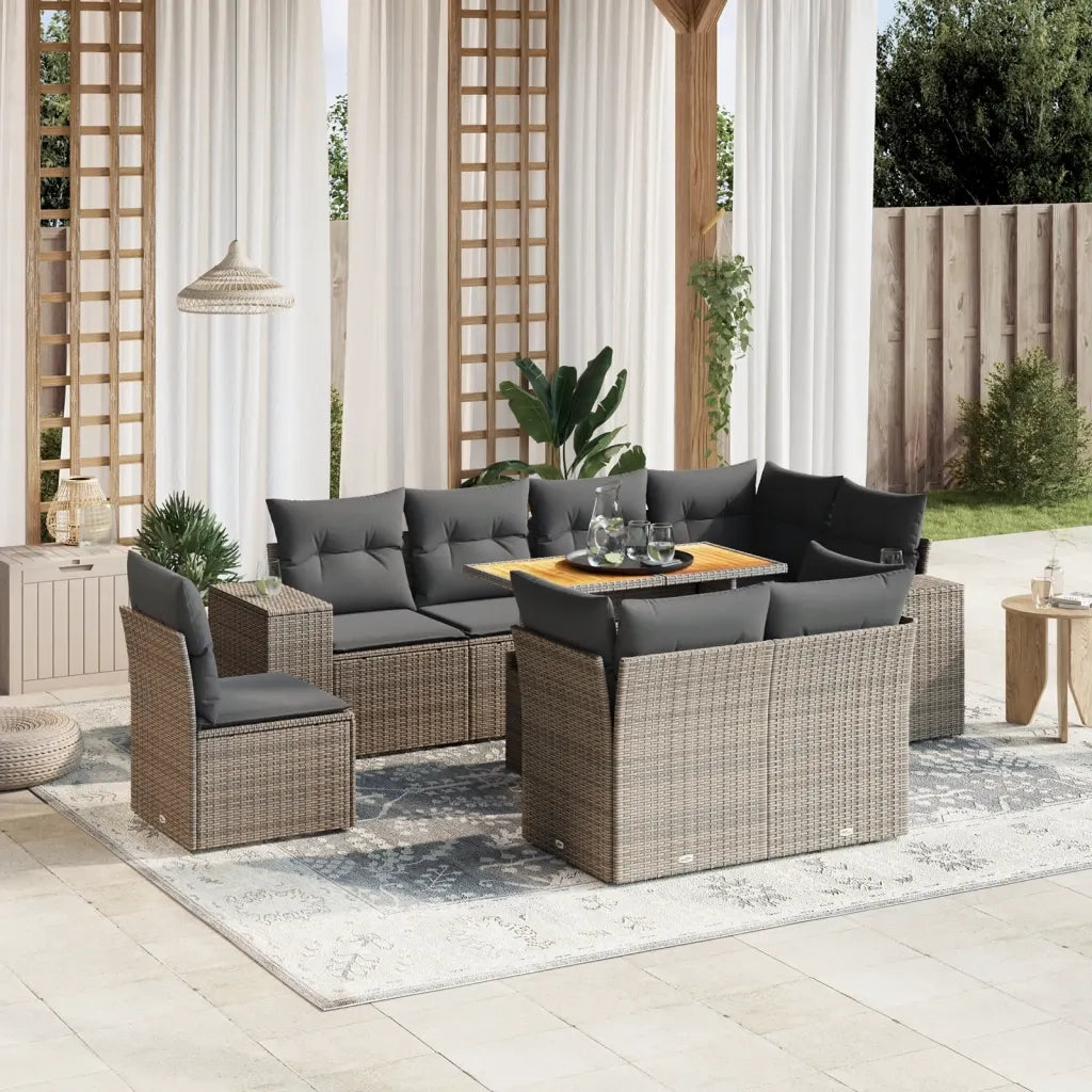 Set Divano da Giardino 9 pz con Cuscini Grigio in Polyrattan