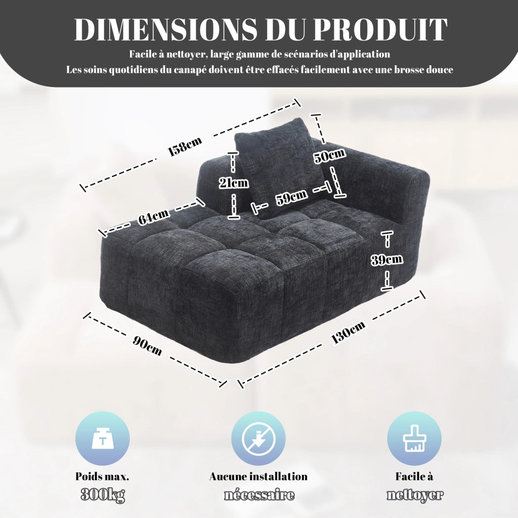 Chaise Longue Divano con Cuscini ¨C MINIMAL ¨C Nero, Tasche Laterali