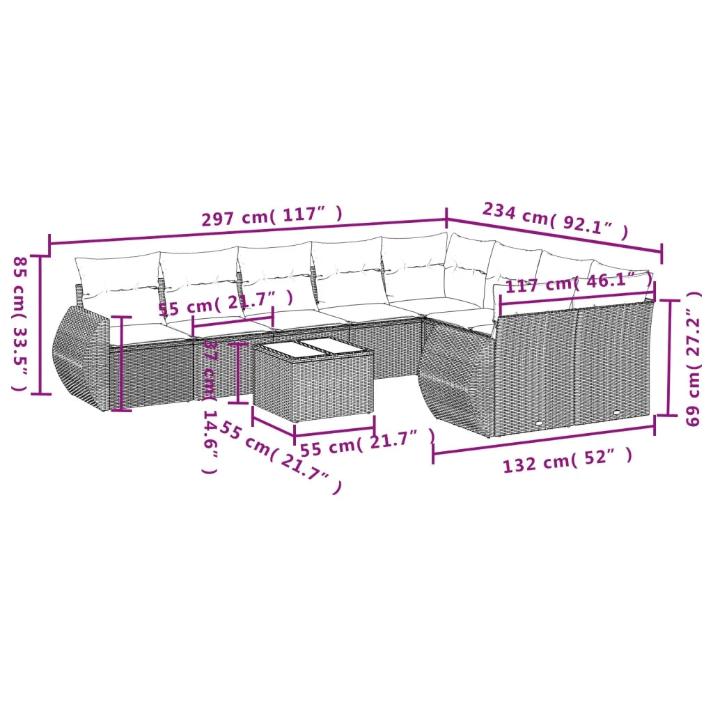 Set Divano Giardino 10 pz con Cuscini Grigio Chiaro Polyrattan 3254189