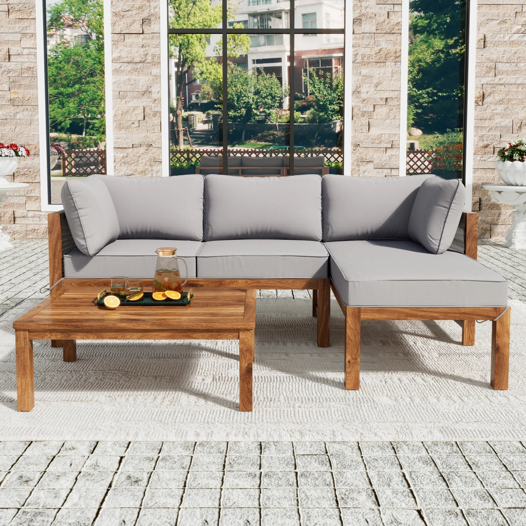 OKWISH Set da giardino 3 pezzi con 2 divani a 2 posti e 1 tavolino, Legno di acacia Grigio e corda intrecciata
