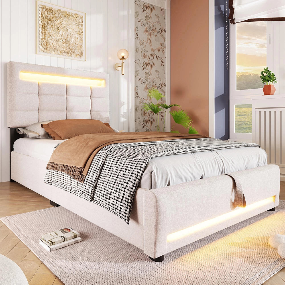 Letto imbottito - Xylo - 90x200 cm LED USB app comando beige