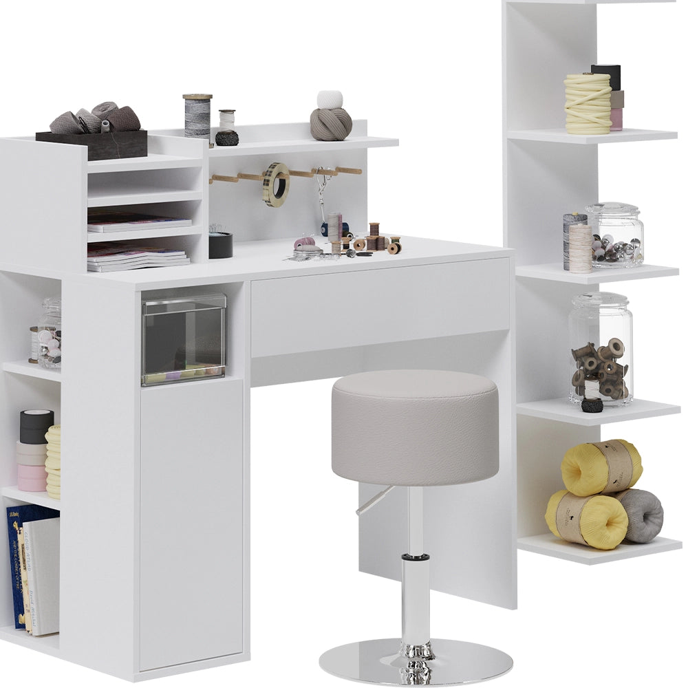 Vicco Scrivania Bianco 3 parti, con libreria e sgabello