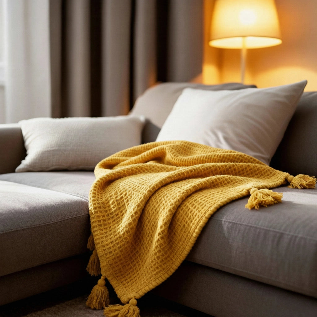 Coperta plaid gialla in cotone 100% con frange 130x170 cm ARNISKA