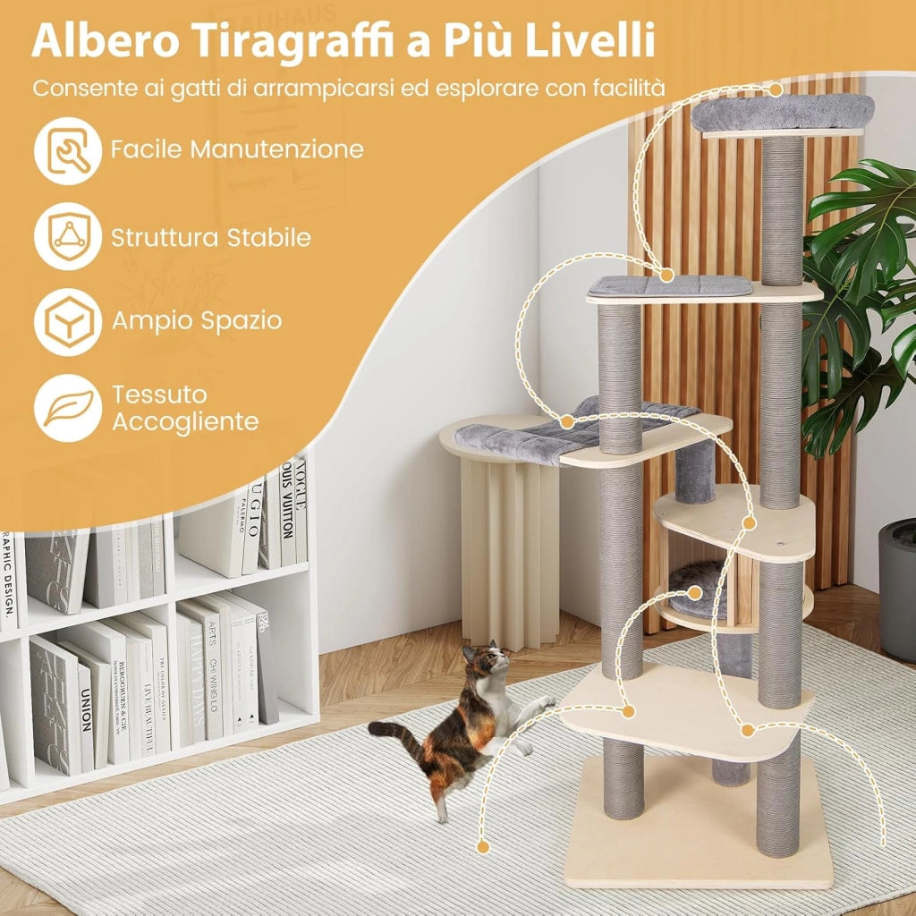 Albero per Gatti Alto 197 cm con Trespolo Imbottito Superiore
Tiragraffi per Gatti con Condominio Privato, Materassini Staccabili, Pali per Graffiare e Amaca Confortevole
