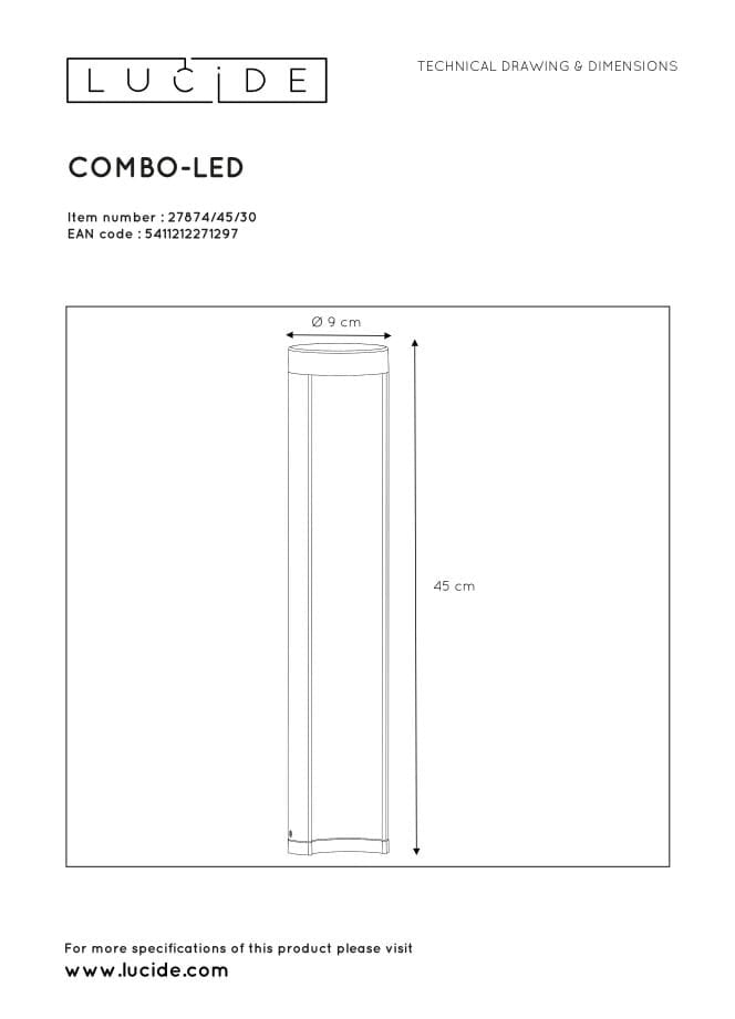 Lucide Combo paletto LED esterno 7W 3000K IP54 nero