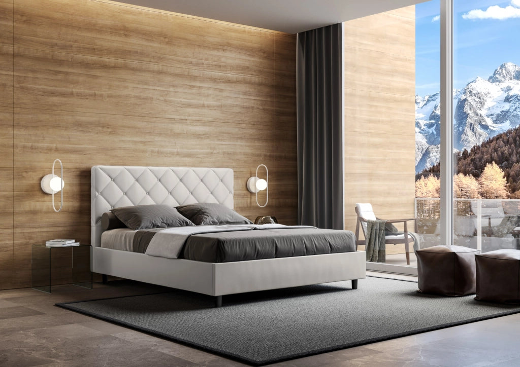 BS COM Letto matrimoniale francese con rete imbottito 140x200 similpelle bianco