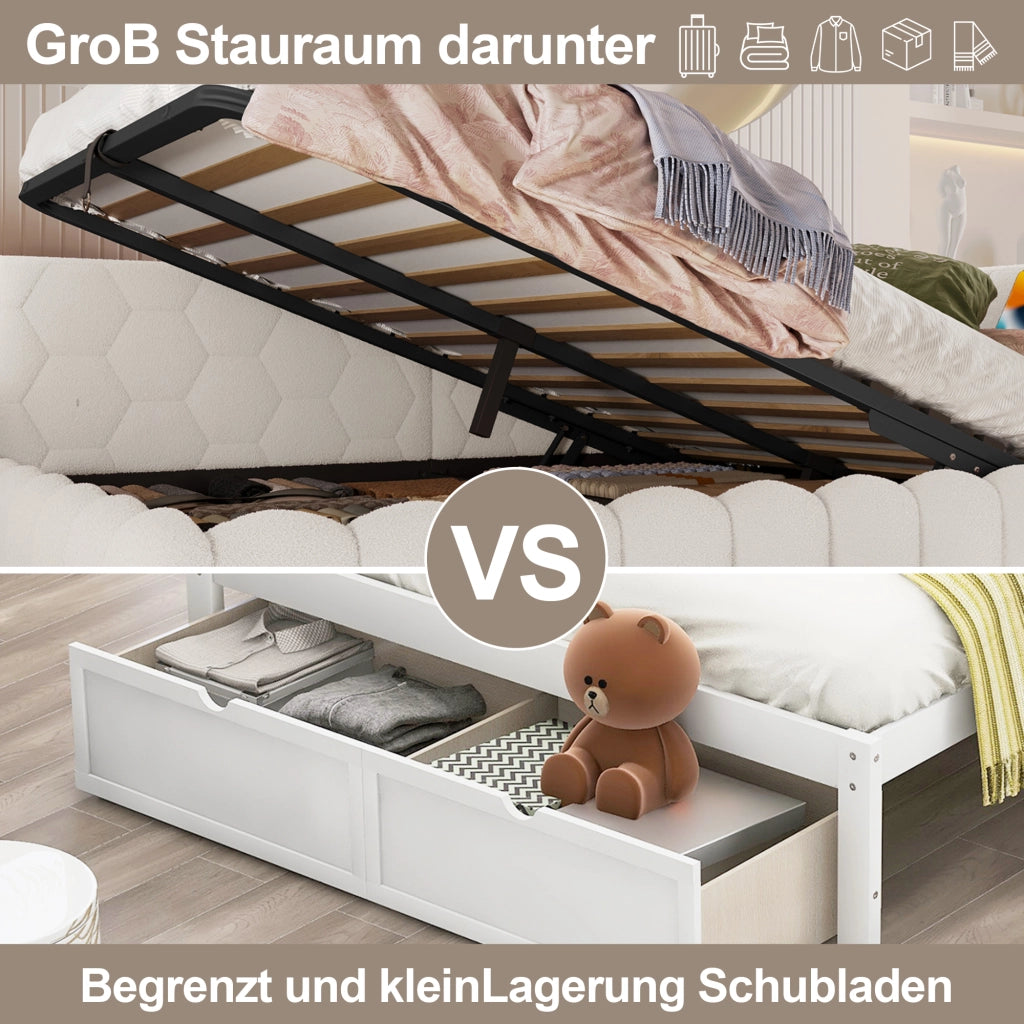 LETTO Contenitore 140x200 cm in velluto bianco con LED, USB e Tipo-C
