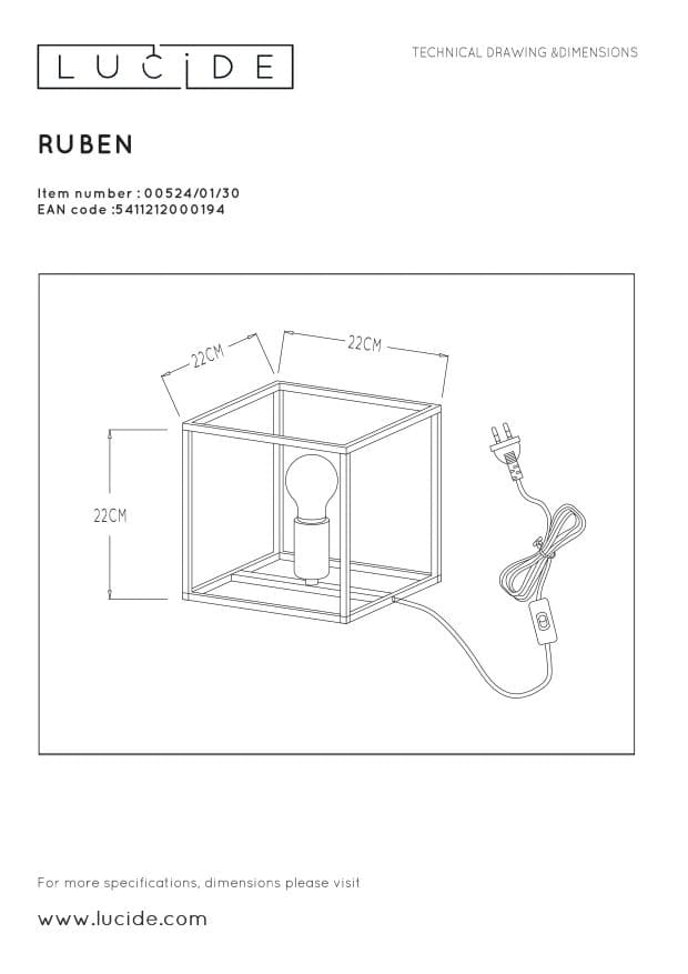 Lampada da tavolo Lucide Ruben nero/ottone E27 40W