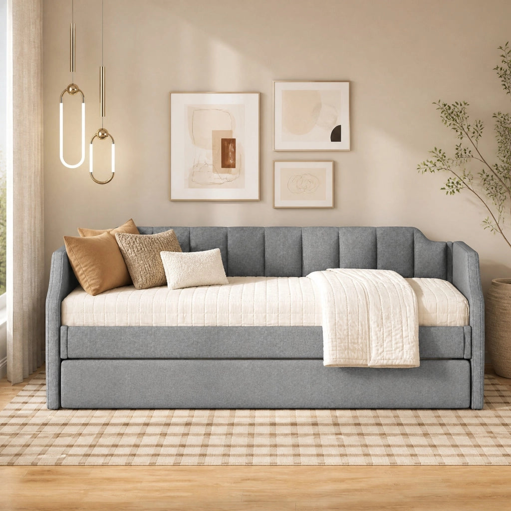 Letto daybed imbottito con letto estraibile 90 x 200 cm, grigio
