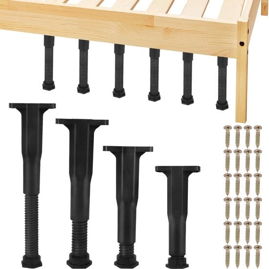 Supporto per mobili adattabile 18,8-37cm Regolabile - Set di 4 supporti per letto - In PVC - Nero - Inclusi 24 viti