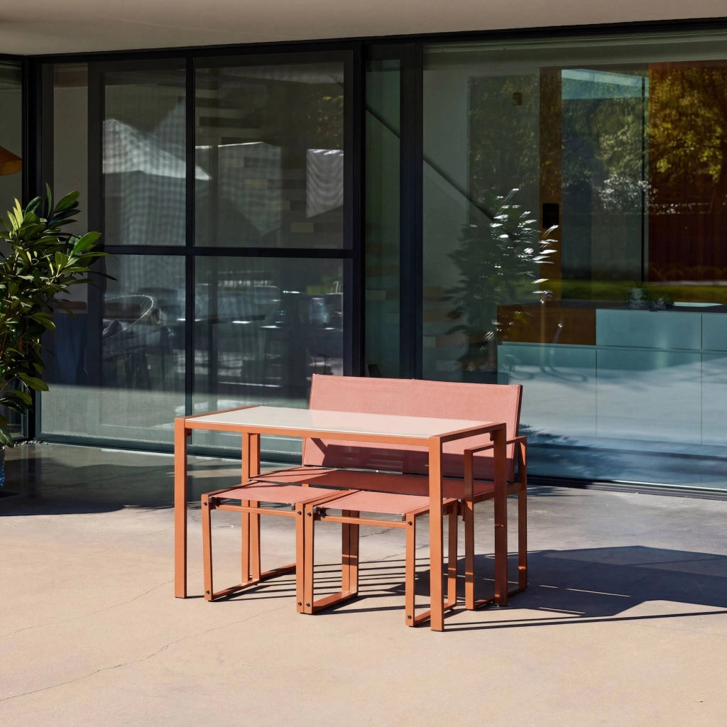 Set tavolo da giardino incastrabile in acciaio e textilene con 4