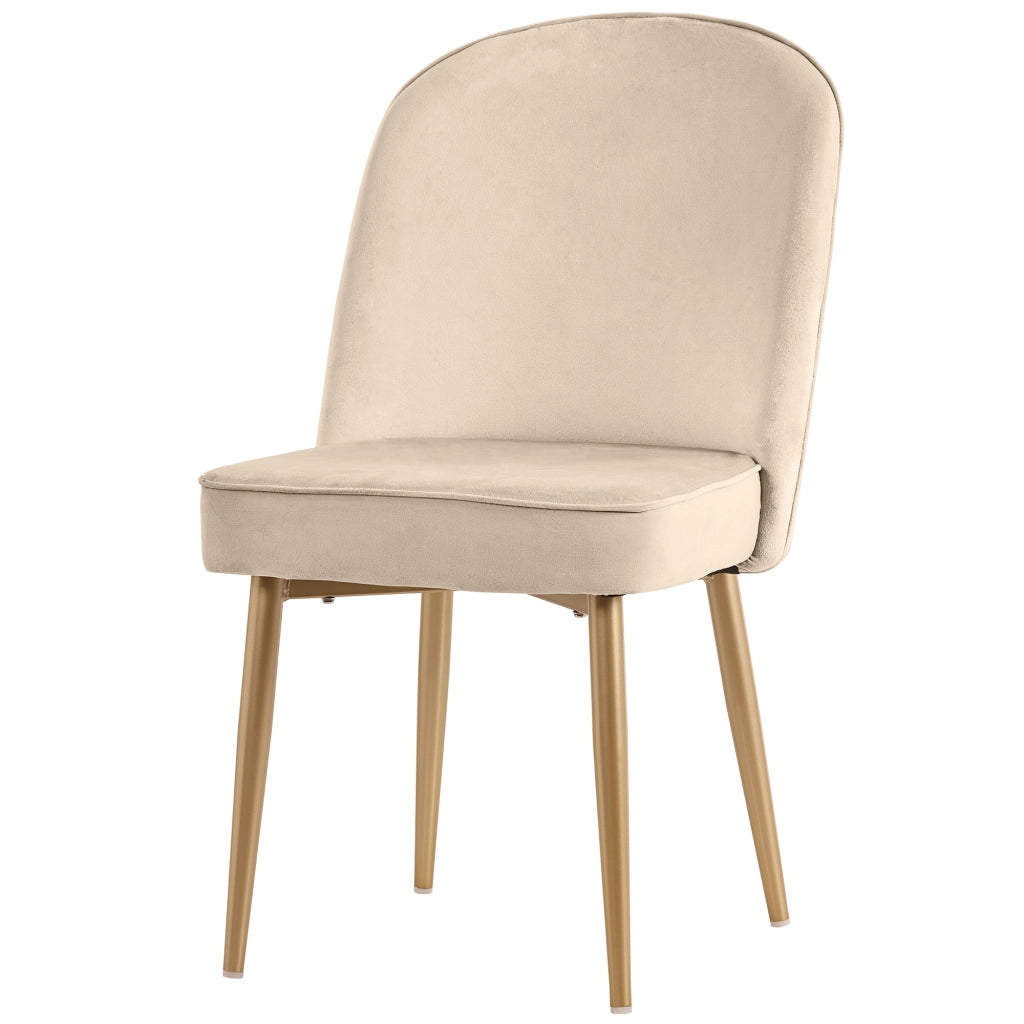 2 sedie da pranzo in velluto beige con gambe in metallo dorato, design moderno e comode