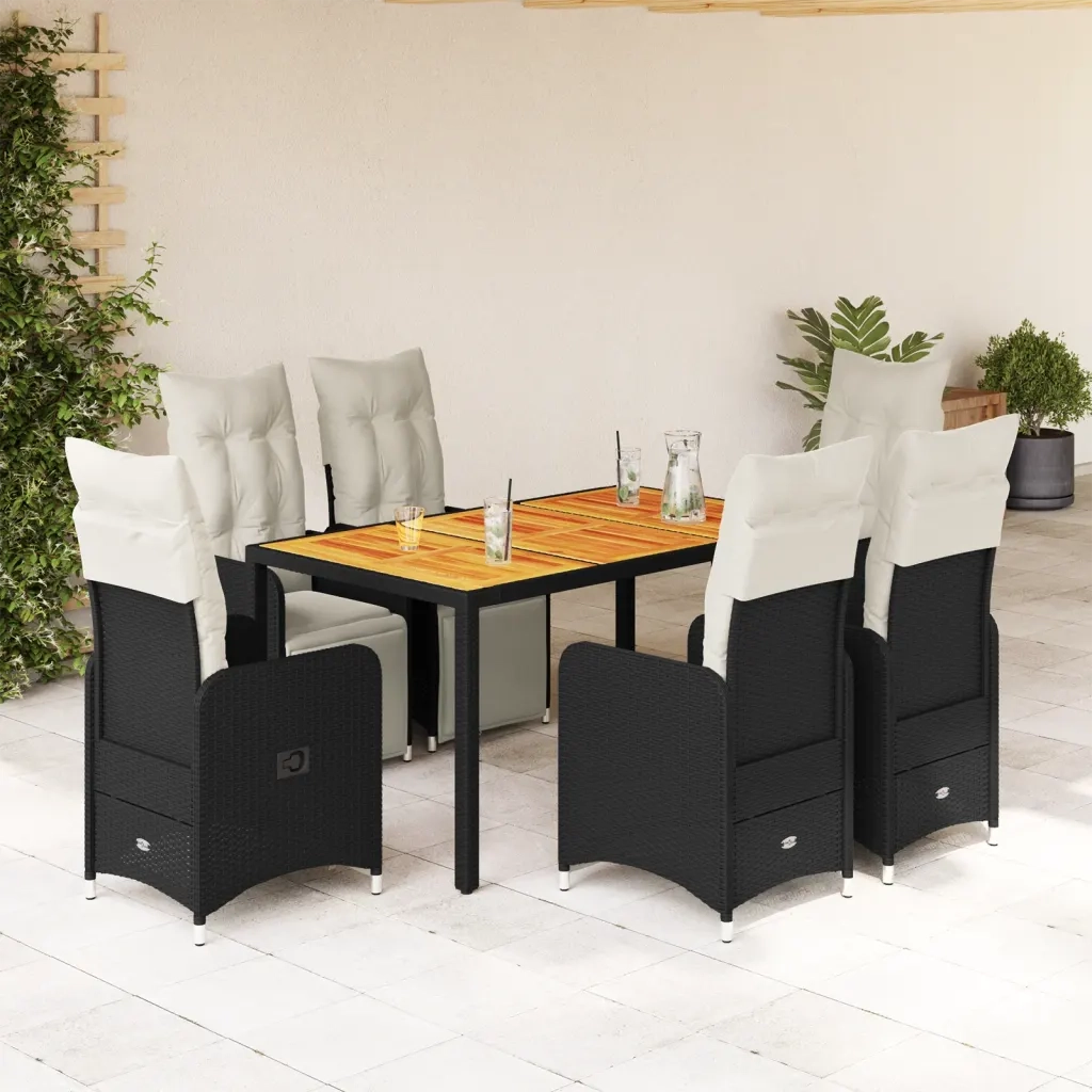 Set da Bistrò da Giardino 7 pz con Cuscini Nero in Polyrattan