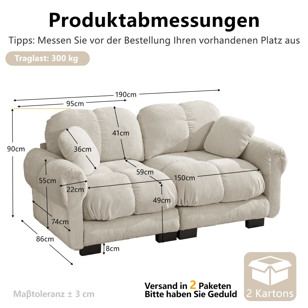 Divano dritto 2 posti modulare con cuscini trapuntati e cuscino lombare in Chenille, Beige chiaro