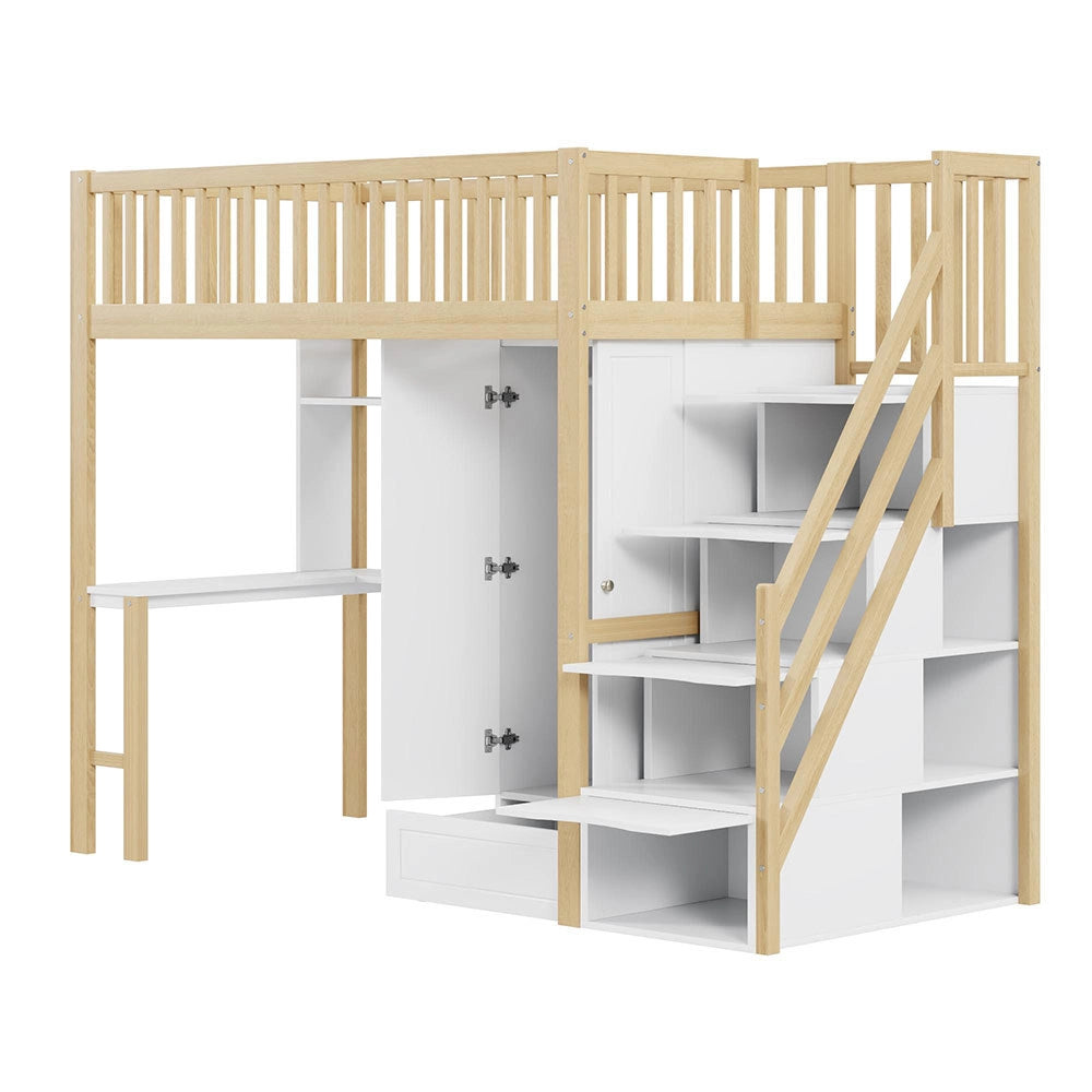 Letto a Soppalco Multifunzione – Xylo – 90x200cm, Legno Bianco, Grande Armadio, Scaffale, Tavolo, Scala, Ripostiglio