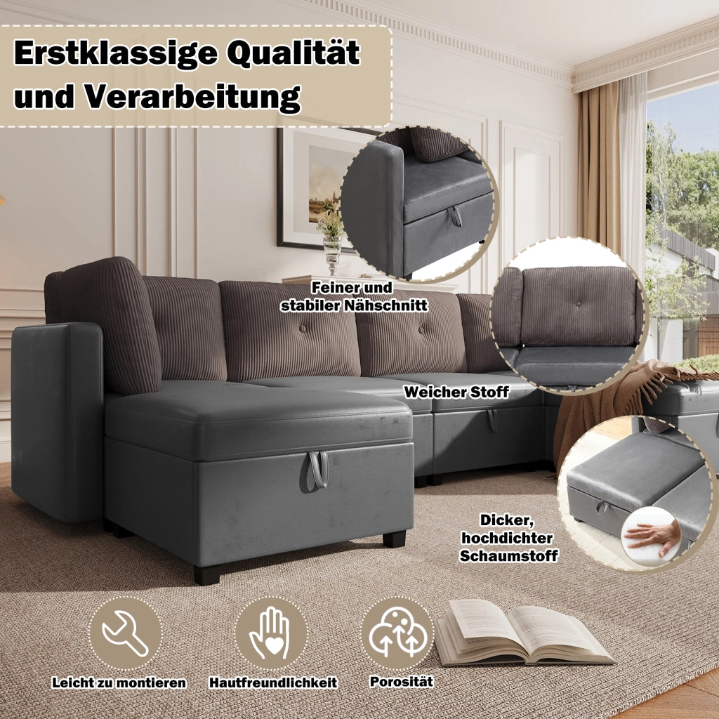 Divano modulare a U 6 moduli con contenitore e cuscini; velluto e cord; grigio antico
