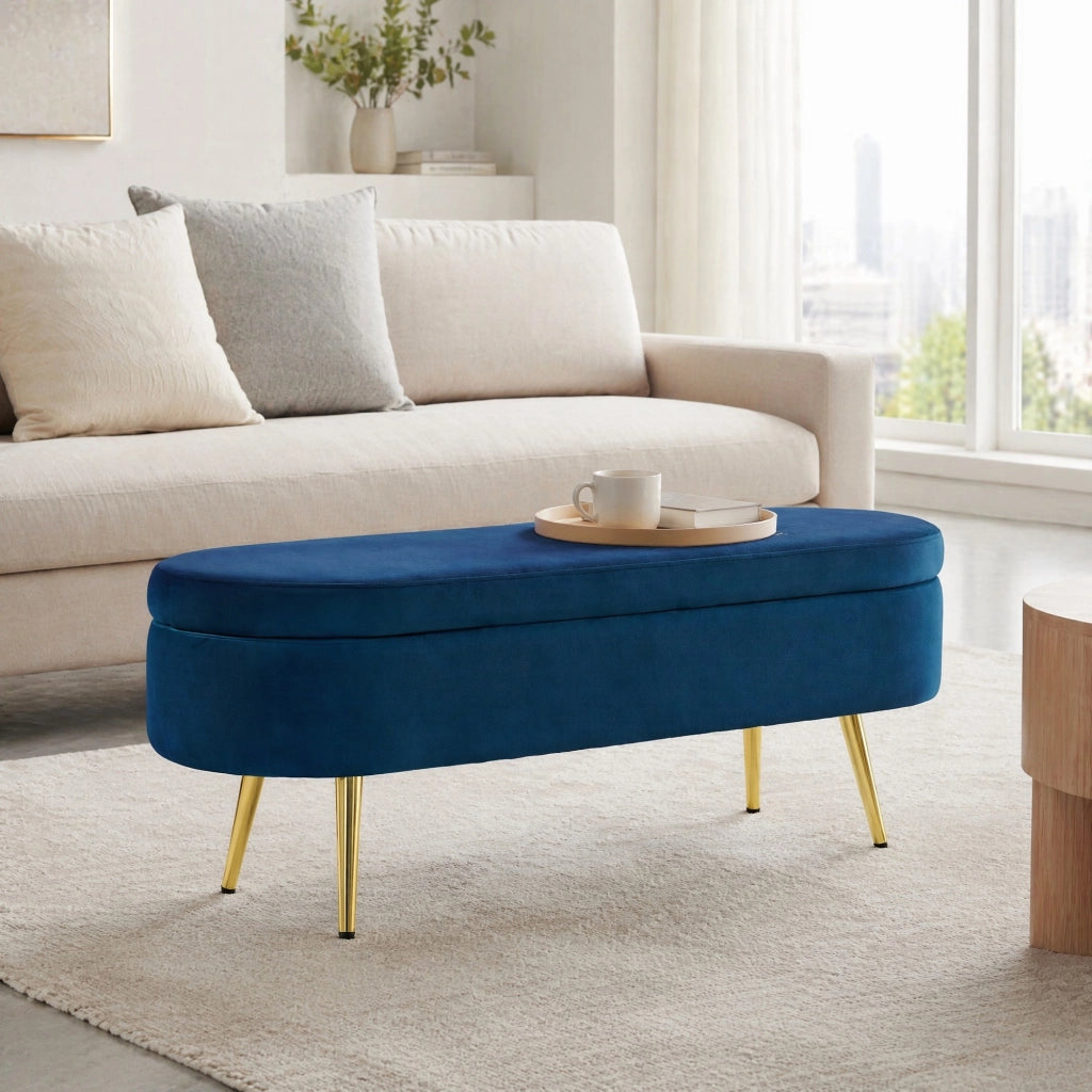 Panca contenitore con Cerniera idraulica e Gambe in metallo in Velluto Blu 111×41.5×24 cm