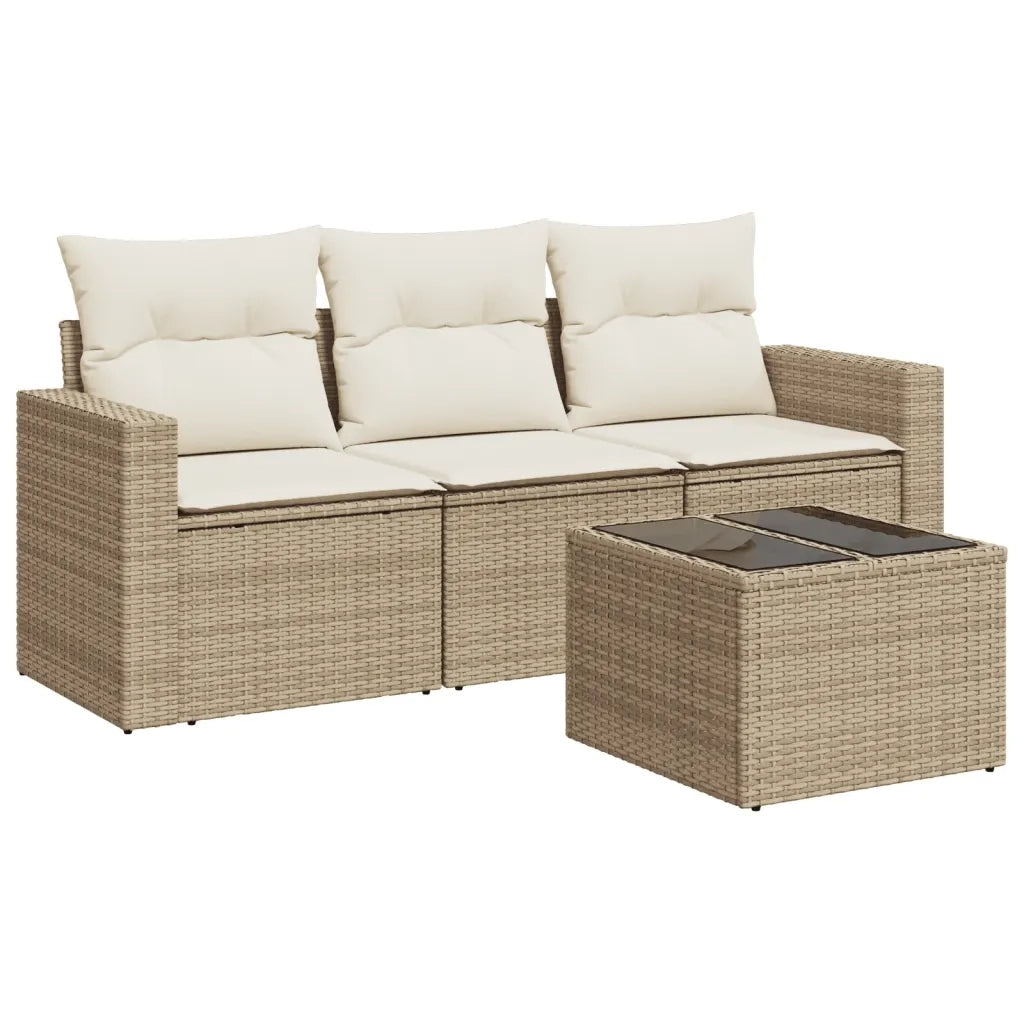 Set Divano da Giardino 4 pz con Cuscini Beige in Polyrattan