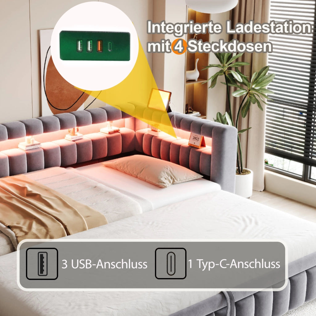 LETTO imbottito estraibile 90x200 cm velluto grigio con LED