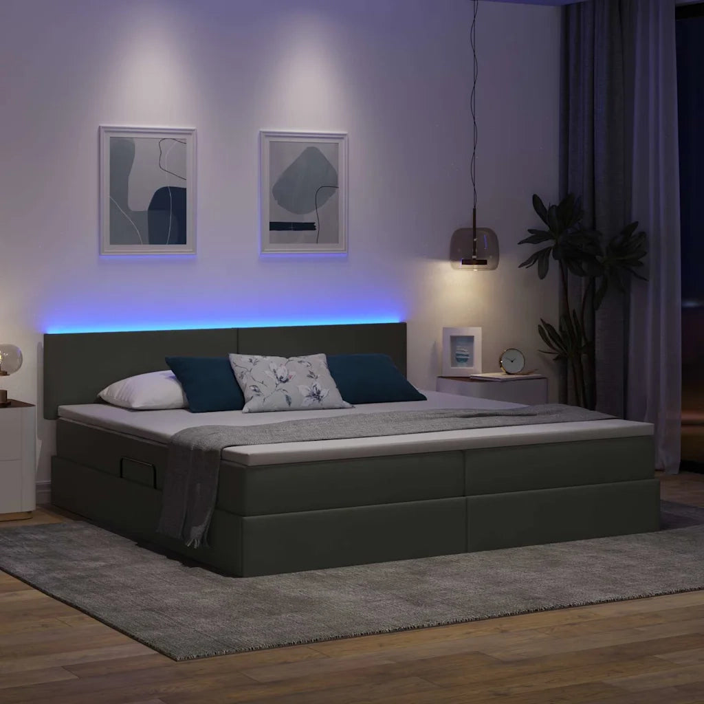 Letto con contenitore e LED Grigio scuro 200 x 200 cm Tessuto