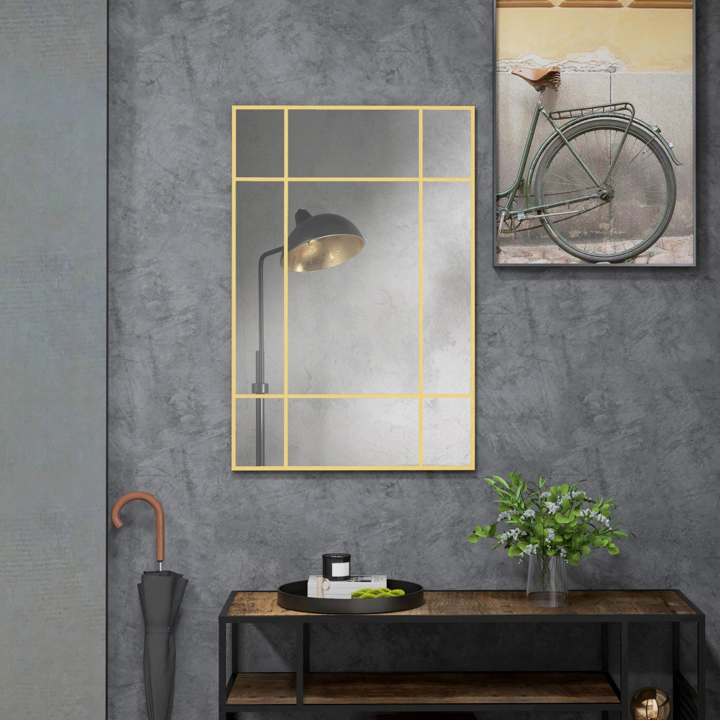 Specchio da Parete Stile Finestra con Montaggio Verticale e Orizzontale, 90x60 cm, Oro