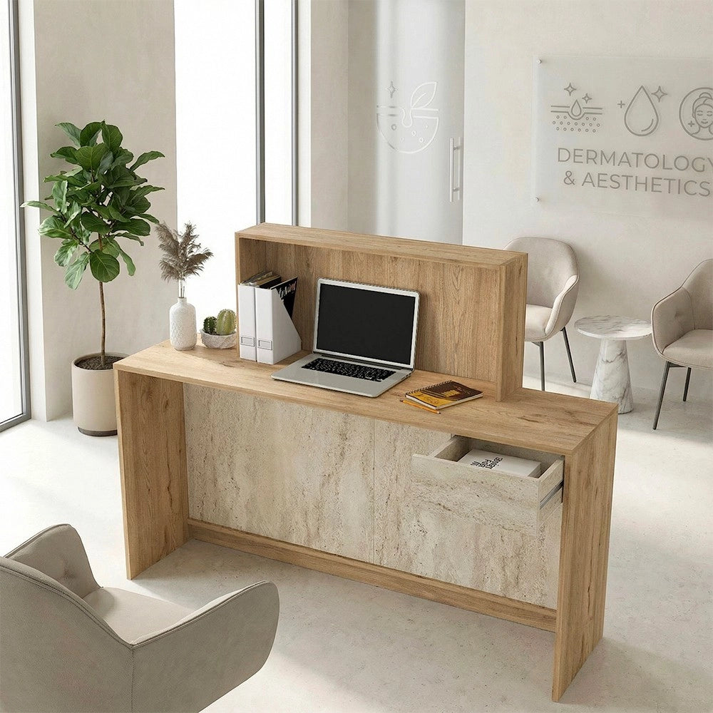 Bancone Reception Davis 150 cm Rovere e Travertino con LED e Listelli Verticali