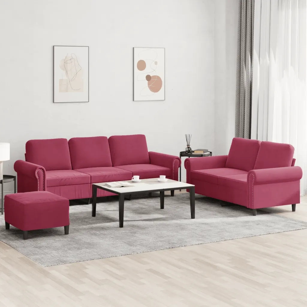 Set di Divani 3 pz con Cuscini Rosso Vino in Velluto