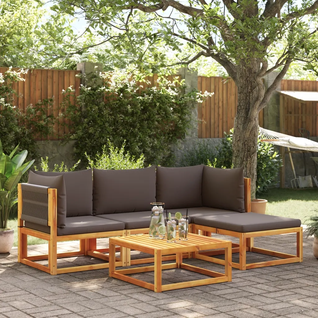 Set di divani da giardino 5 pezzi con cuscini in legno di acacia e corda 3278826