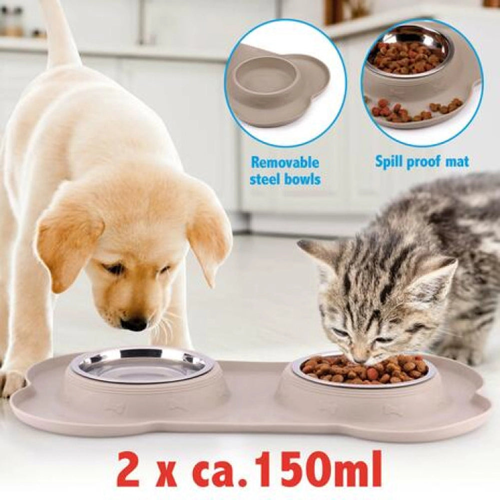 Ciotola per Animali Doppia con Vassoio in Silicone Capienza 2x150 ml Cani Gatti