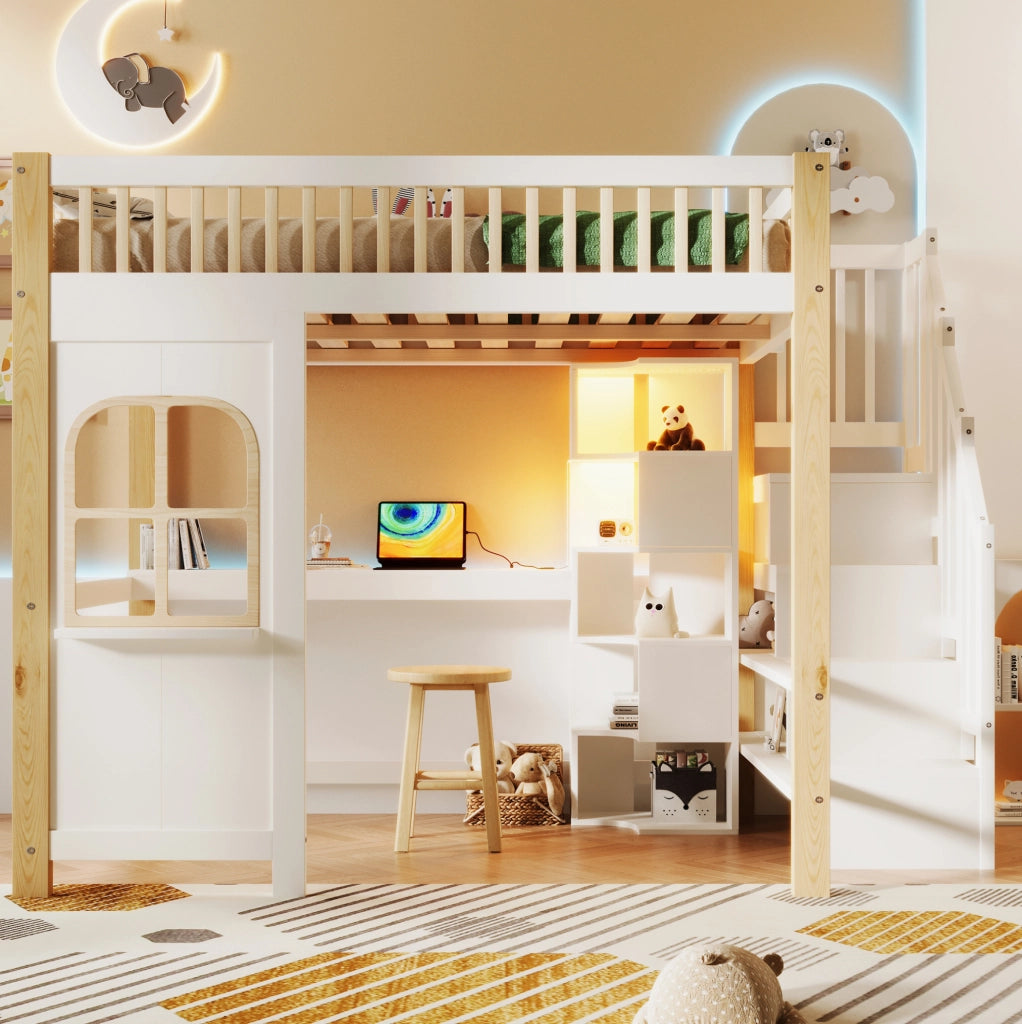 Letto a soppalco 140x200 cm con scrivania, contenitore e luci LED