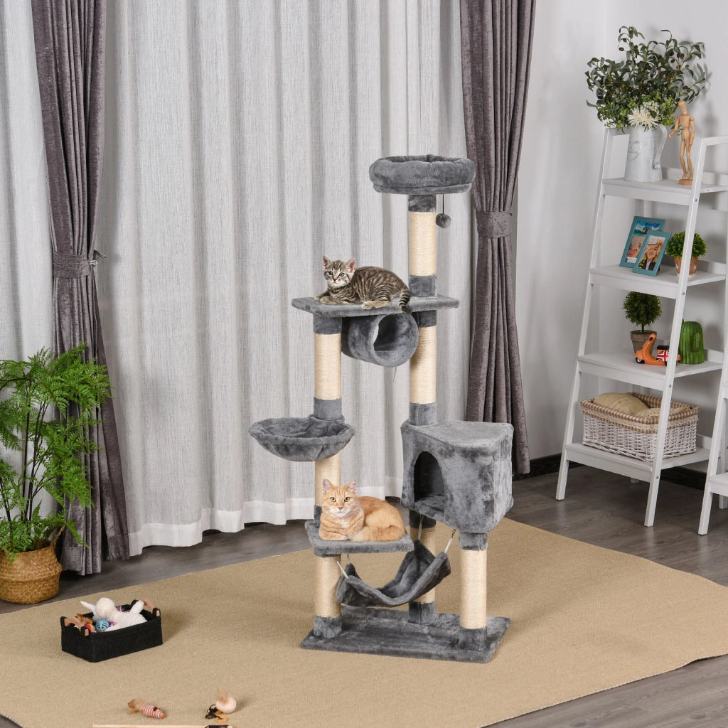 Torre per Gatti con Piattaforme Tunnel e Amaca ¨C Minimal ¨C Grigio 60x40x154 cm