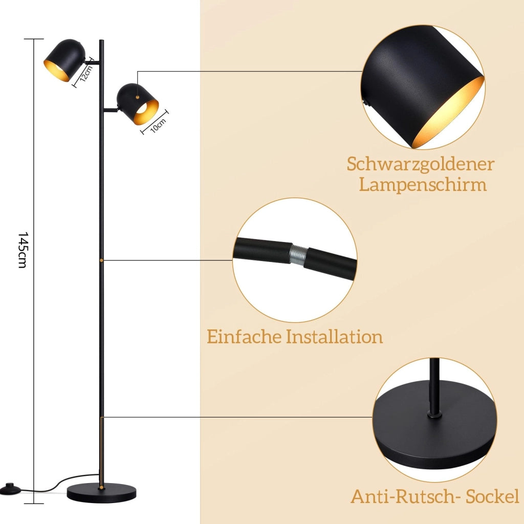 ZMH Lampada da terra nero oro 2 fiamme E14 vintage 145cm